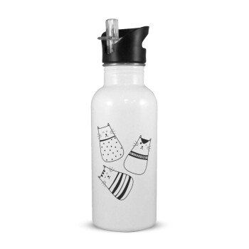 Cute cats, White water bottle with straw, stainless steel 600ml