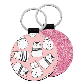 Cute cats, Μπρελόκ Δερματίνη, στρογγυλό ΡΟΖ (5cm)