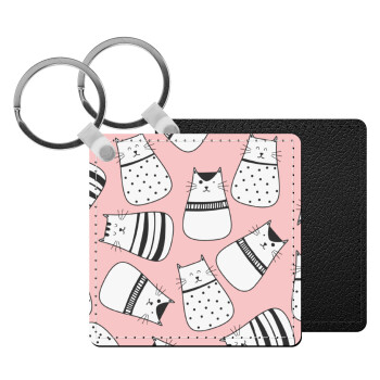 Cute cats, Μπρελόκ Δερματίνη, τετράγωνο ΜΑΥΡΟ (5x5cm)