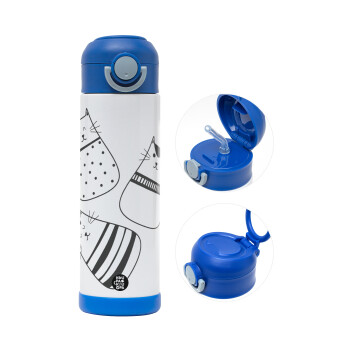 Cute cats, Children's hot water bottle, stainless steel, with safety straw, BLUE (500ml)