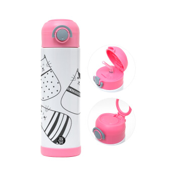 Cute cats, Children's hot water bottle, stainless steel, with safety straw, PINK (500ml)