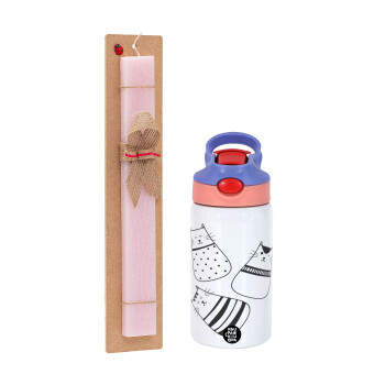 Cute cats, Easter Set, Children's thermal stainless steel water bottle with safety straw, pink/purple (350ml) & Easter scented flat candle (30cm) (PINK)