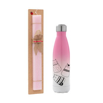 Cute cats, Easter Set, Metallic pink/white (Stainless steel) thermos, double-walled, 500ml & aromatic flat Easter candle (30cm) (PINK)
