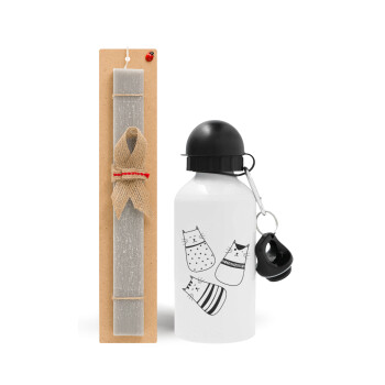 Cute cats, Easter Set, metallic aluminum water bottle (500ml) & aromatic flat Easter candle (30cm) (GRAY)
