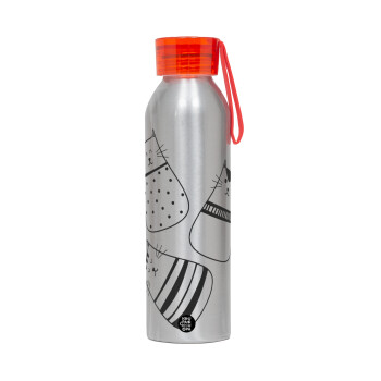 Cute cats, Aluminum Sports Bottle 650ml – Silver with Red Cap and Silicone Strap