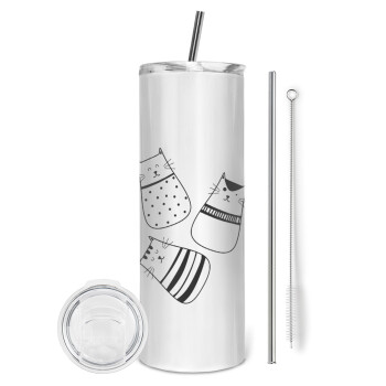 Cute cats, Eco friendly stainless steel tumbler 600ml, with metal straw & cleaning brush