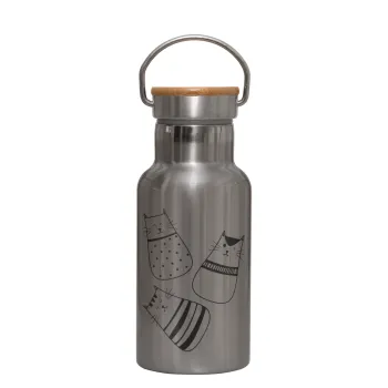 Cute cats, Stainless steel metallic thermos flask, silver with a bamboo lid, double-walled, 350ml.