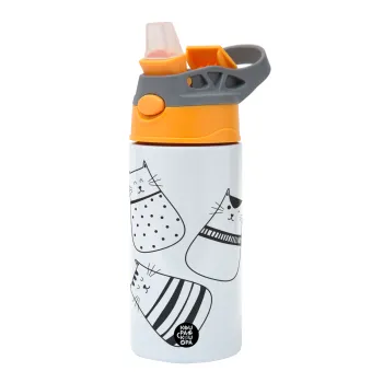 Cute cats, Παιδικό παγούρι θερμό, ανοξείδωτο, με καλαμάκι ασφαλείας, Πορτοκαλί/Γκρι (360ml) BPA-FREE