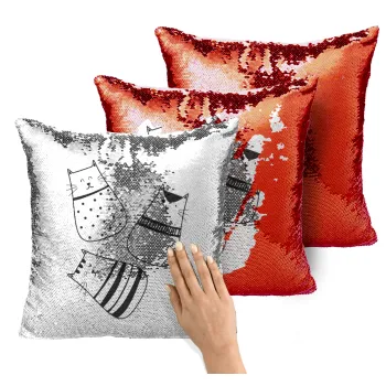 Cute cats, Μαξιλάρι καναπέ Μαγικό Κόκκινο με πούλιες 40x40cm περιέχεται το γέμισμα