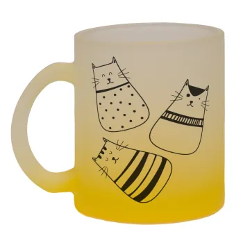 Cute cats, Κούπα γυάλινη δίχρωμη με βάση το κίτρινο ματ, 330ml