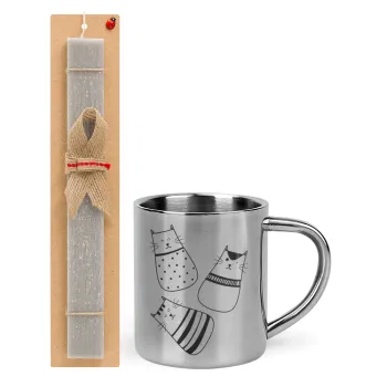 Cute cats, Easter Set, metallic thermal cup (300ml) & Easter aromatic flat candle (30cm) (GRAY)