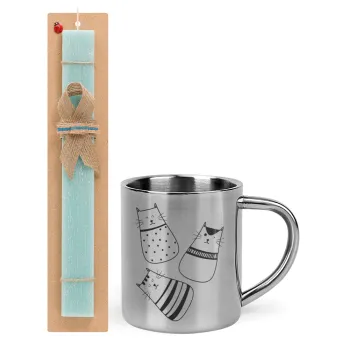 Cute cats, Easter Set, metallic thermal cup (300ml) & aromatic flat Easter candle (30cm) (TURQUOISE)