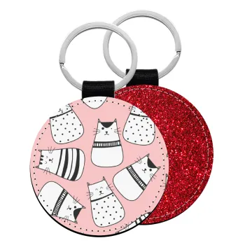 Cute cats, Μπρελόκ Δερματίνη, στρογγυλό ΚΟΚΚΙΝΟ (5cm)