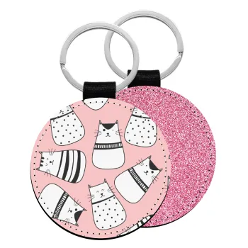 Cute cats, Μπρελόκ Δερματίνη, στρογγυλό ΡΟΖ (5cm)