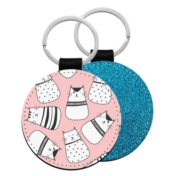 Cute cats, Μπρελόκ Δερματίνη, στρογγυλό ΜΠΛΕ (5cm)