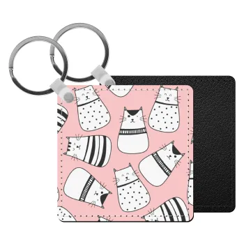 Cute cats, Μπρελόκ Δερματίνη, τετράγωνο ΜΑΥΡΟ (5x5cm)