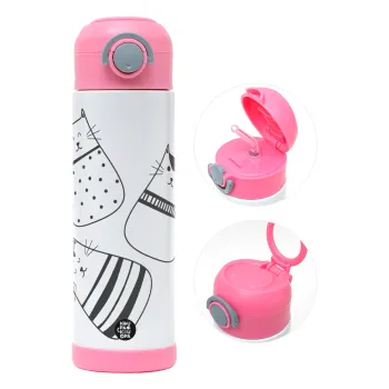 Cute cats, Παιδικό παγούρι θερμό, ανοξείδωτο, με καλαμάκι ασφαλείας, ΡΟΖ (500ml)