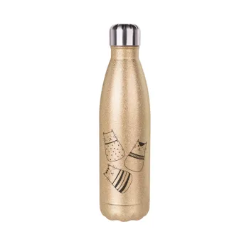 Cute cats, Glitter gold stainless steel thermos bottle, double-walled, 500ml