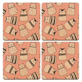 Cute cats, ΣΕΤ x4 Σουβέρ ξύλινα τετράγωνα plywood (9cm)