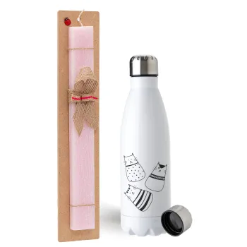 Cute cats, Easter Set, metallic stainless steel water bottle (750ml) & scented flat Easter candle (30cm) (PINK)