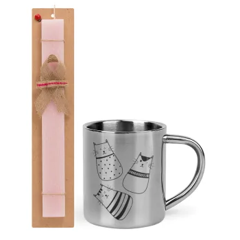 Cute cats, Easter Set, metallic thermal cup (300ml) & aromatic flat Easter candle (30cm) (PINK)