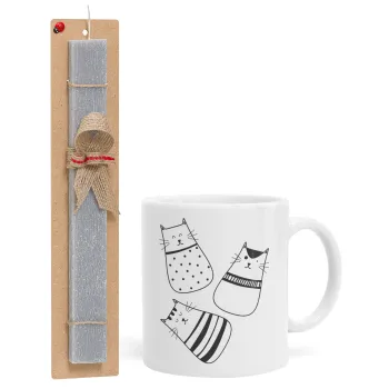 Cute cats, Πασχαλινή Λαμπάδα με Κούπα κεραμική (330ml) & κερί αρωματικό πλακέ (30cm) (ΓΚΡΙ)