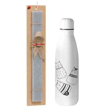 Cute cats, Easter Set, metallic stainless thermos bottle (500ml) & scented flat Easter candle (30cm) (GRAY)