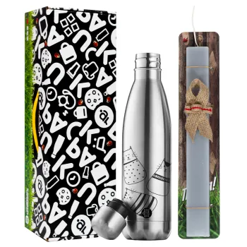 Cute cats, Easter Set, metallic stainless thermos flask (500ml) & scented flat Easter candle (30cm) (GRAY)