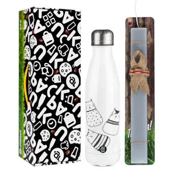 Cute cats, Easter candle, metallic white thermos bottle (500ml) & aromatic flat candle (30cm) (GRAY)