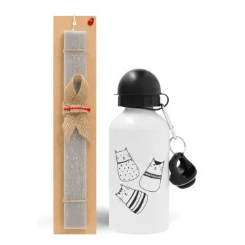 Cute cats, Easter Set, metallic aluminum water bottle (500ml) & aromatic flat Easter candle (30cm) (GRAY)