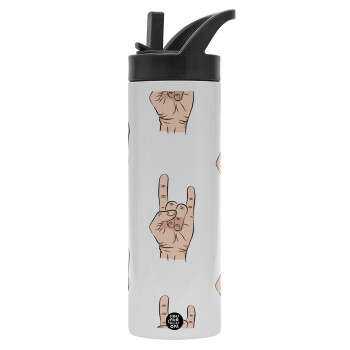 Rock hands, Metallic thermos bottle with straw & handle, stainless steel (Stainless steel 304), double-walled, 600ml.