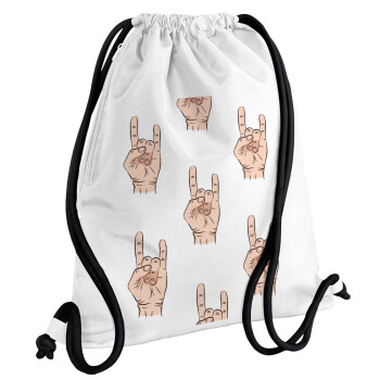 Rock hands, Τσάντα πλάτης πουγκί GYMBAG λευκή, με τσέπη (40x48cm) & χονδρά κορδόνια