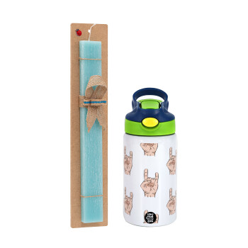 Rock hands, Easter Set, Children's thermal stainless steel bottle with safety straw, green/blue (350ml) & aromatic flat Easter candle (30cm) (TURQUOISE)