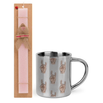 Rock hands, Easter Set, metallic thermal cup (300ml) & aromatic flat Easter candle (30cm) (PINK)