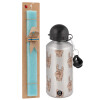 Easter Set, metallic silver aluminum water bottle (500ml) & scented flat Easter candle (30cm) (TURQUOISE)