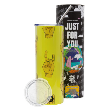 Rock hands, Neon Yellow Travel Tumbler, with metal straw (Stainless steel 304 Food grade, BPA free, 600ml)
