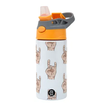 Rock hands, Children's hot water bottle, stainless steel, with safety straw, Orange/Grey (360ml) BPA-FREE