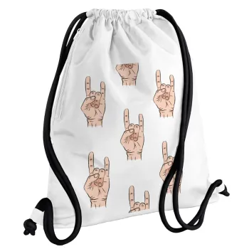 Rock hands, Backpack pouch GYMBAG white, with pocket (40x48cm) & thick cords