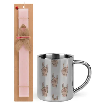 Rock hands, Easter Set, metallic thermal cup (300ml) & aromatic flat Easter candle (30cm) (PINK)