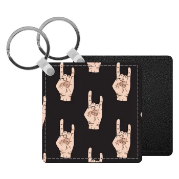 Rock hands, Μπρελόκ Δερματίνη, τετράγωνο ΜΑΥΡΟ (5x5cm)