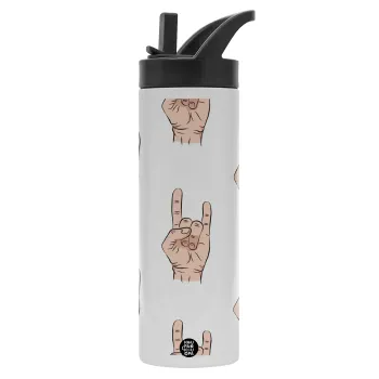 Rock hands, Metallic thermos bottle with straw & handle, stainless steel (Stainless steel 304), double-walled, 600ml.