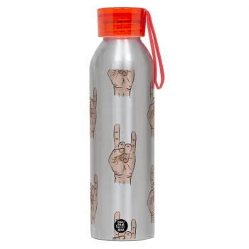 Rock hands, Αλουμινένιο Αθλητικό Μπουκάλι 650ml – Ασημί με Κόκκινο Καπάκι και Λουράκι Σιλικόνης