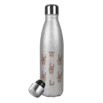 Rock hands, Metallic Glitter Silver Thermos Flask (Stainless steel), double-walled, 500ml