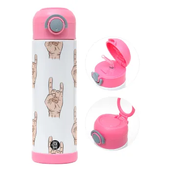 Rock hands, Children's hot water bottle, stainless steel, with safety straw, PINK (500ml)