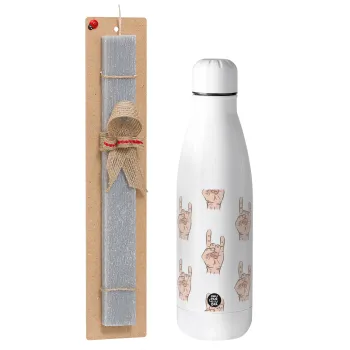 Rock hands, Easter Set, metallic stainless thermos bottle (500ml) & scented flat Easter candle (30cm) (GRAY)