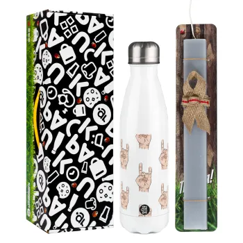 Rock hands, Easter candle, metallic white thermos bottle (500ml) & aromatic flat candle (30cm) (GRAY)