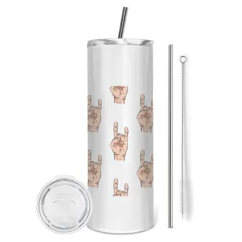 Rock hands, Tumbler ποτήρι θερμό από ανοξείδωτο ατσάλι 600ml, με μεταλλικό καλαμάκι & βούρτσα καθαρισμού