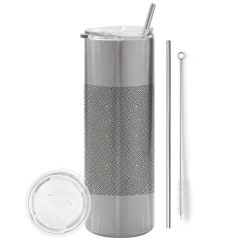 Doodle Maze, Tumbler ποτήρι θερμό Ασημένιο από ανοξείδωτο ατσάλι 600ml, με μεταλλικό καλαμάκι & βούρτσα καθαρισμού