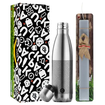 Doodle Maze, Easter Set, metallic stainless thermos flask (500ml) & scented flat Easter candle (30cm) (GRAY)