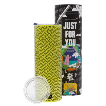 Doodle Maze, Neon Yellow Travel Tumbler θερμό, μεταλλικό καλαμάκι(Ανωξείδωτο 304 Food grade, BPA free, 600ml)